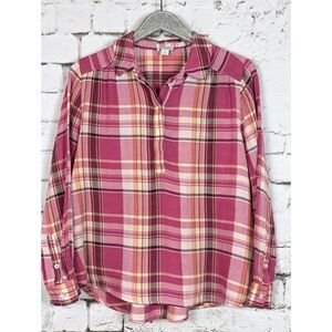 SUNDANCE Classic Boho Cottage Brushed Cotton Pink Plaid Popover Shirt Large